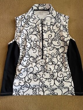 Terry cycling sporty Floral Quarter-Zip Sleeveless Top - Black & White